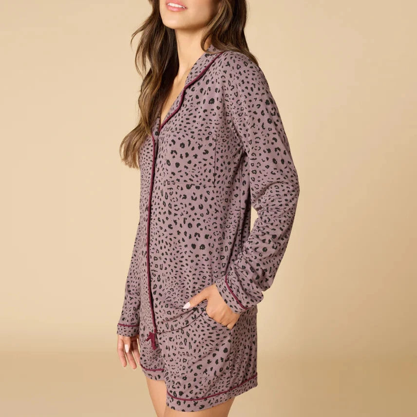 Softies Aria Slim Notch Collar Long Sleeve Short Pajama Set in Wild Driftwood