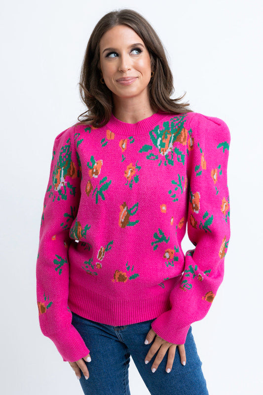 Karlie Puff Sleeve Floral Sweater in Fuchsia