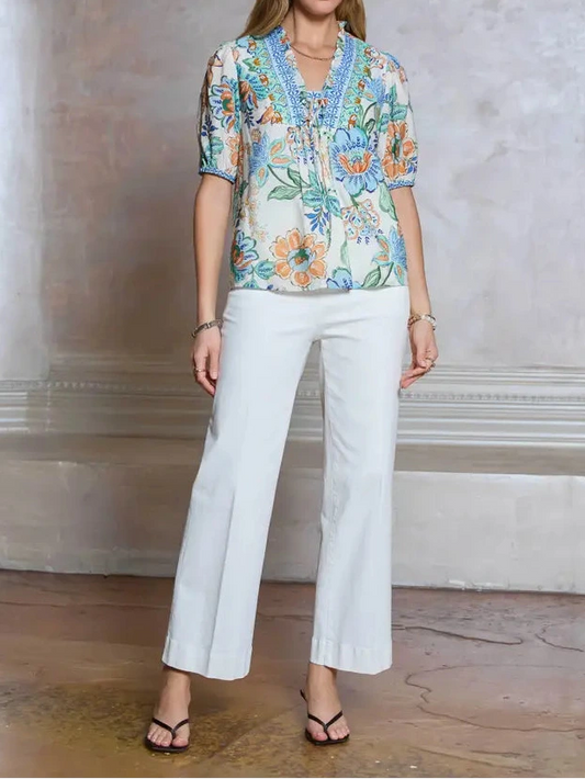 Tie Front Blouse in Blue Multi Print
