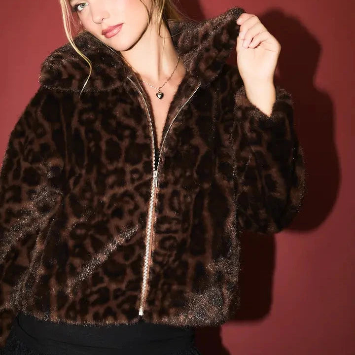 Zip Front Cropped Faux Fur Jacket in Brown Leopard