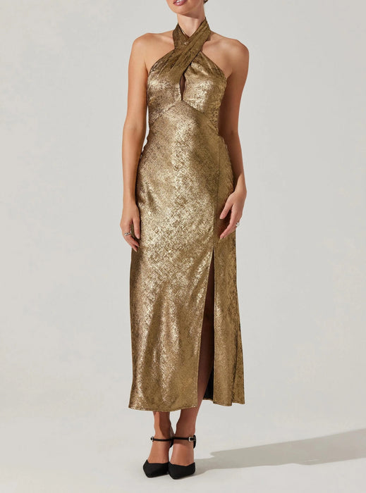 Astr the Label Marissa Halter Neck Midi Dress in Gold