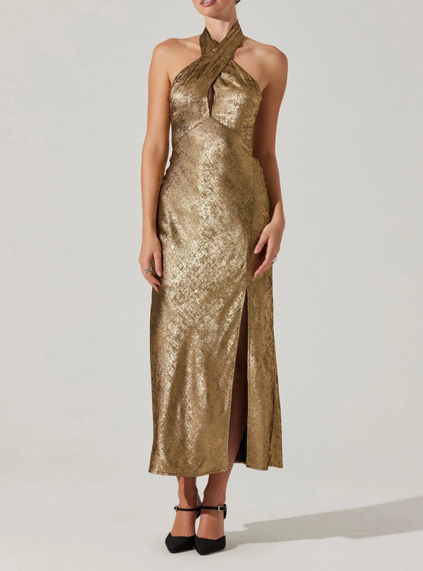 Astr the Label Marissa Halter Neck Midi Dress in Gold