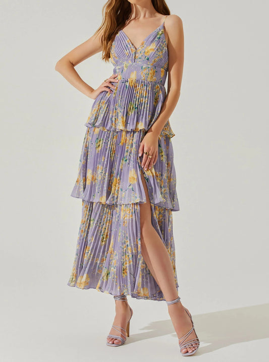 Astr Zaida Tiered Pleated Midi Dress in Lavender Floral