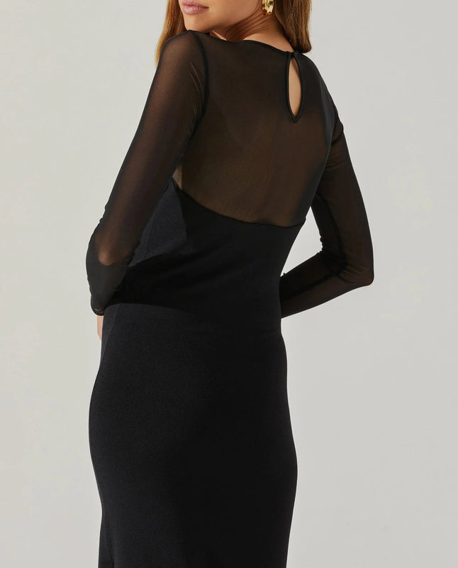 Astr Leona Contrast Mesh Midi Dress in Black