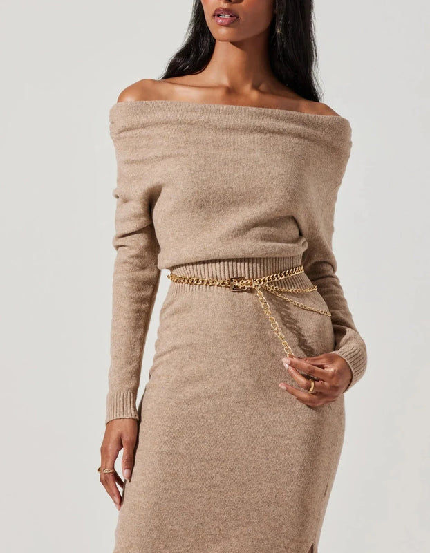 Astr the Label Cora Off the Shoulder Sweater Dress in Taupe