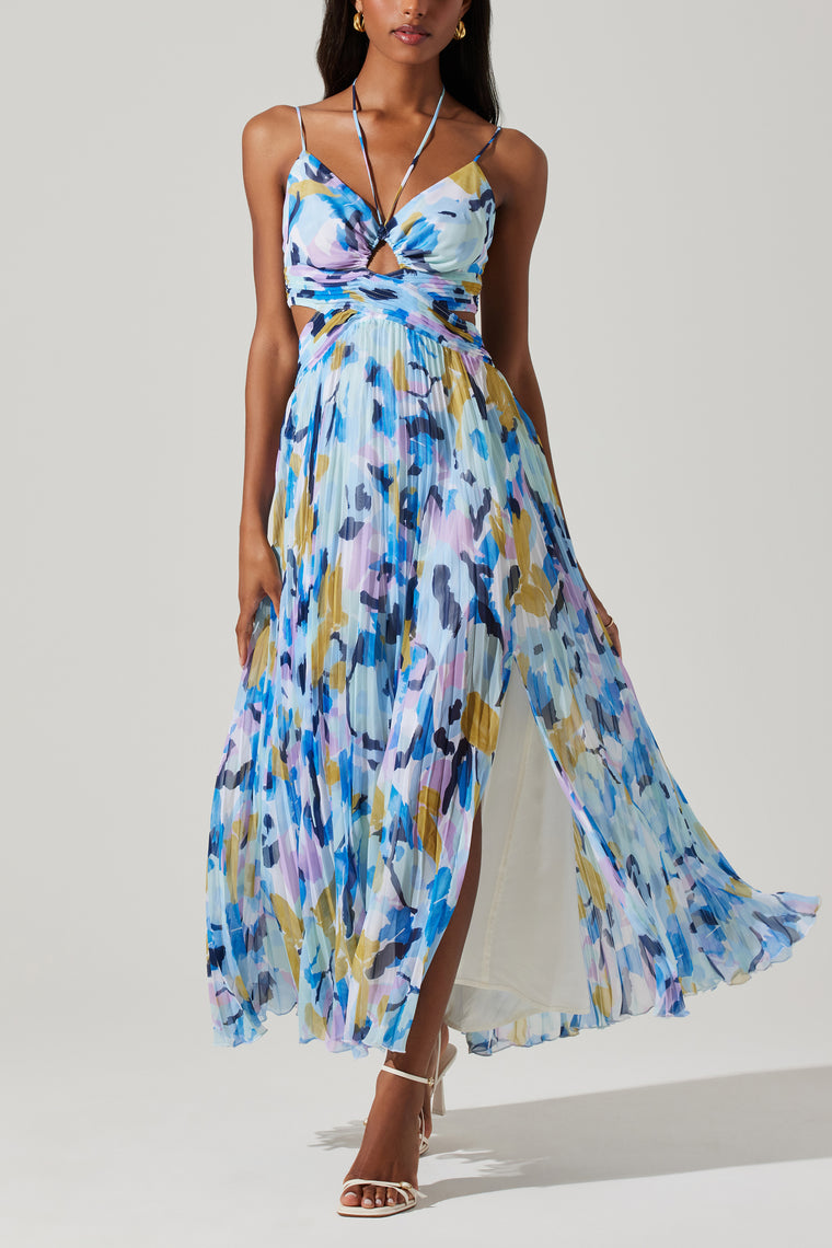 Astr the Label Aquata Pleated Floral Dress in Blue