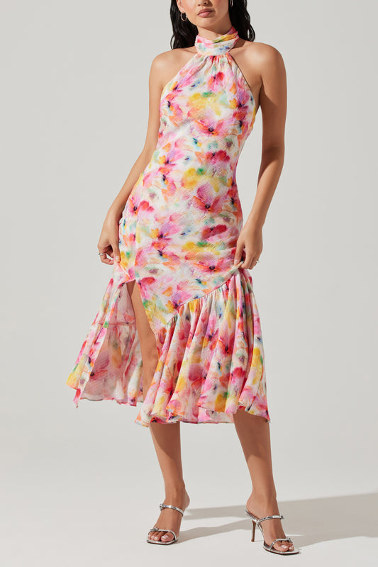 Astr the Label Caspia Halter Neck Dress in Pink Coral Floral