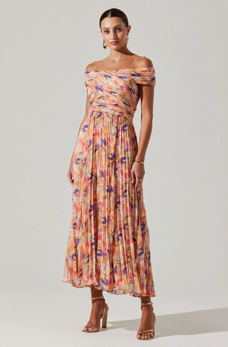 Astr the Label Leonara Pleated Midi Dress in Peach Multi