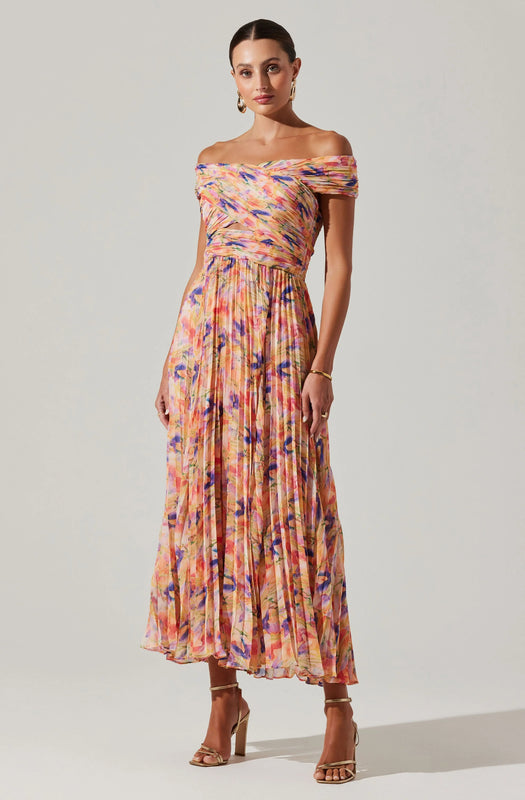 Astr the Label Leonara Pleated Midi Dress in Peach Multi