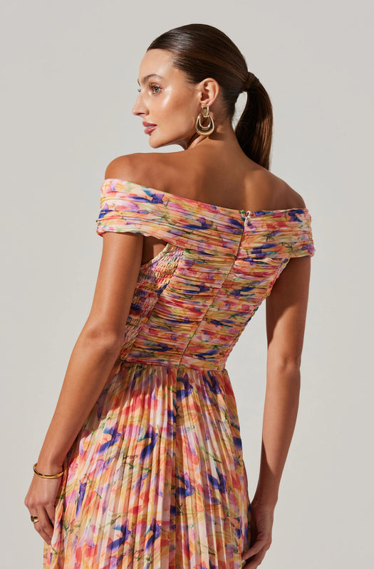 Astr the Label Leonara Pleated Midi Dress in Peach Multi