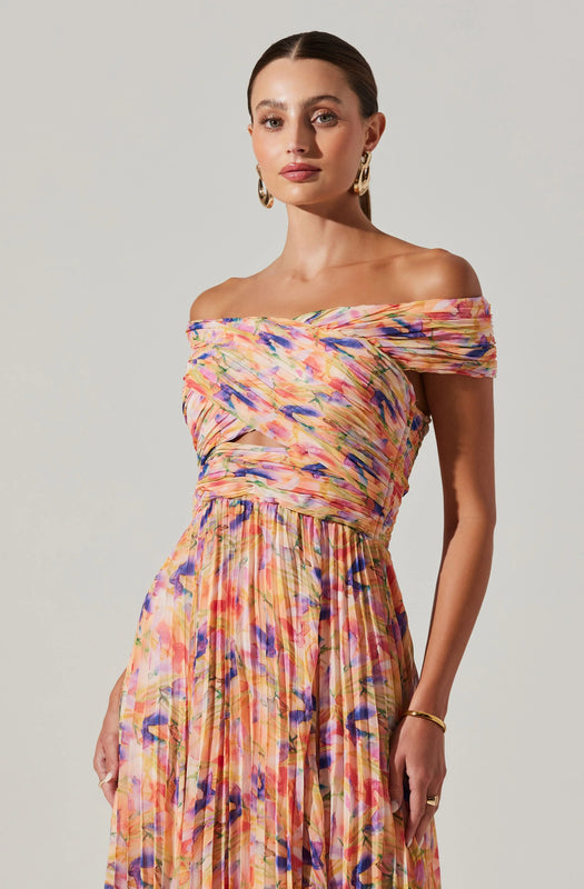 Astr the Label Leonara Pleated Midi Dress in Peach Multi