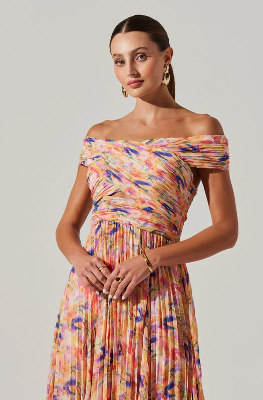 Astr the Label Leonara Pleated Midi Dress in Peach Multi