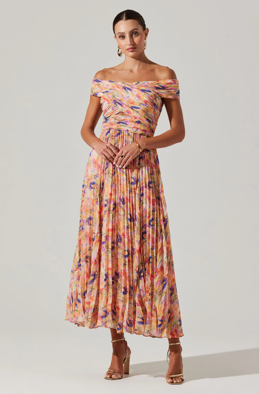 Astr the Label Leonara Pleated Midi Dress in Peach Multi