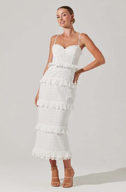 Astr the Label Sandrima Tiered Ruffle Trim Dress in White Eyelet