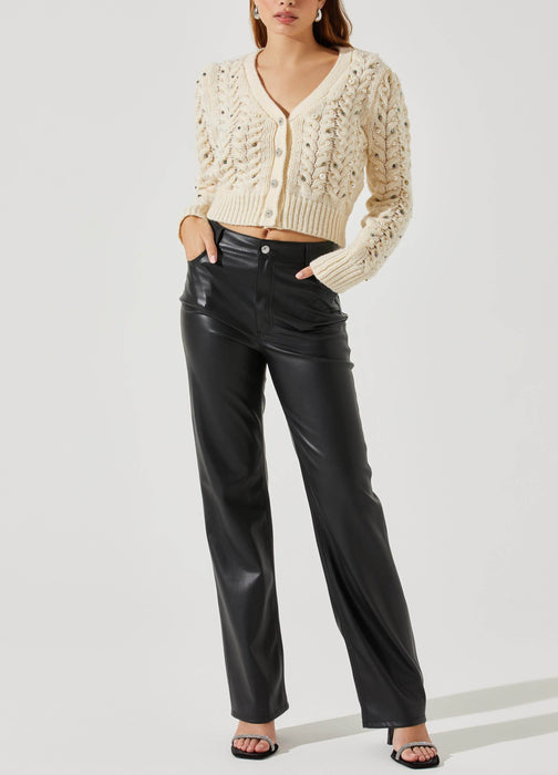 Astr Mien Embellished Cable Knit Cardigan in Cream