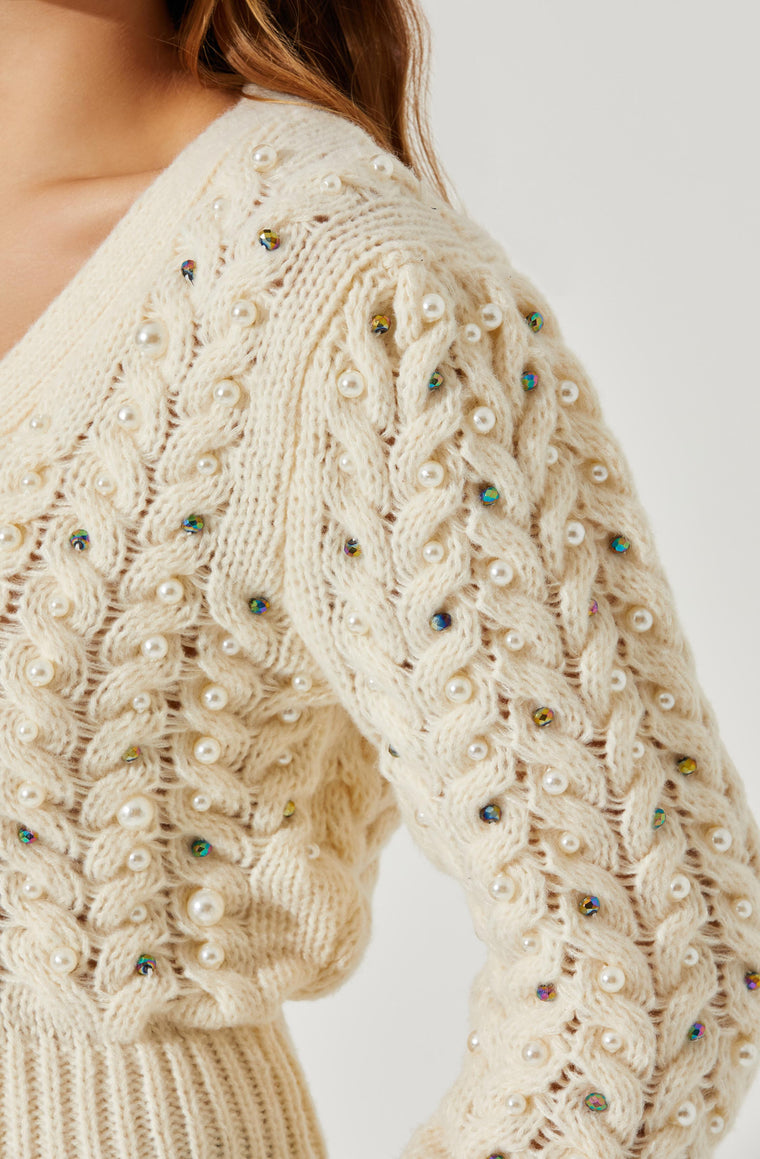 Astr Mien Embellished Cable Knit Cardigan in Cream