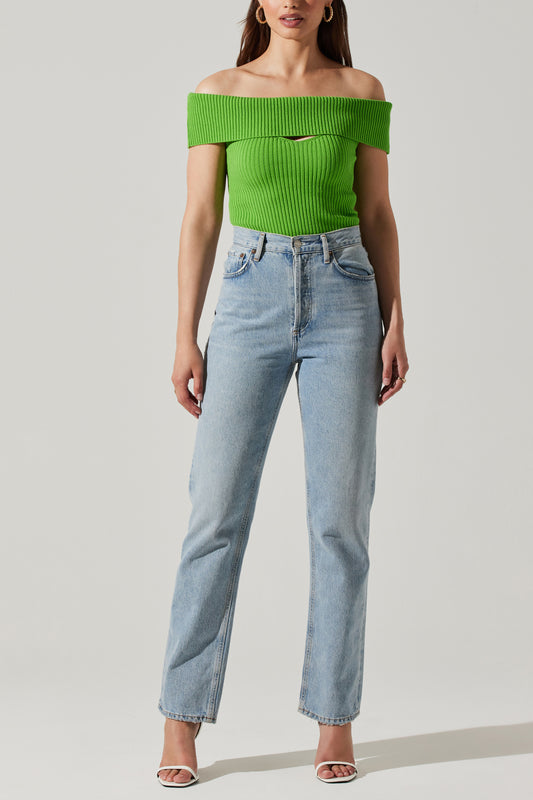Astr the Label Off the Shoulder Sweater Top in Green