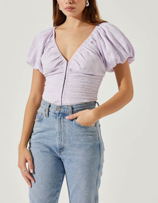 Astr Tameka Textured Ruched Puff Sleeve Top in Lilac