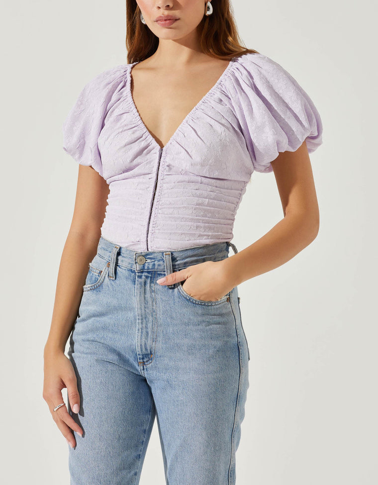 Astr Tameka Textured Ruched Puff Sleeve Top in Lilac
