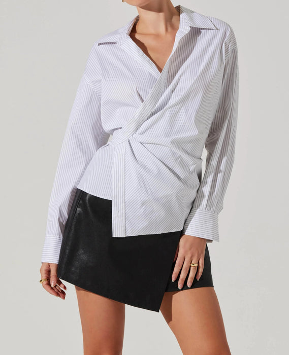 Astr the Label Flykra Asymmetrical Wrap Shirt in Blue/White Stripe