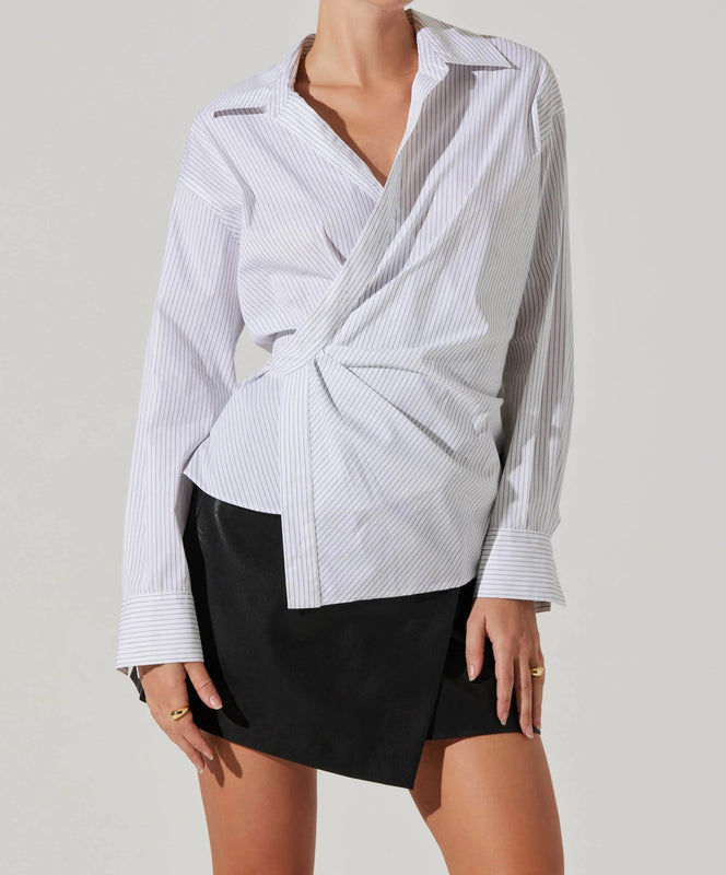 Astr the Label Flykra Asymmetrical Wrap Shirt in Blue/White Stripe