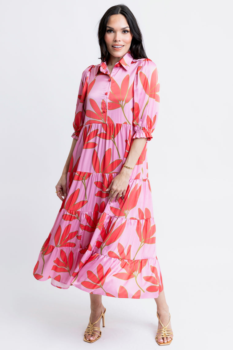 Karlie Kiki Satin Dress in Pink/Red Floral