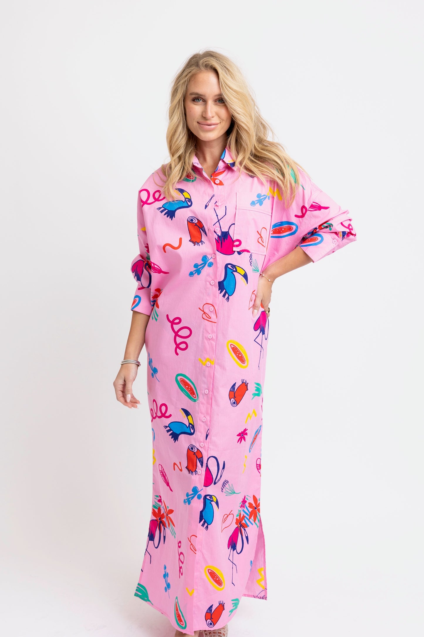 Karlie Maxi Shirt Dress in Pink Toucan
