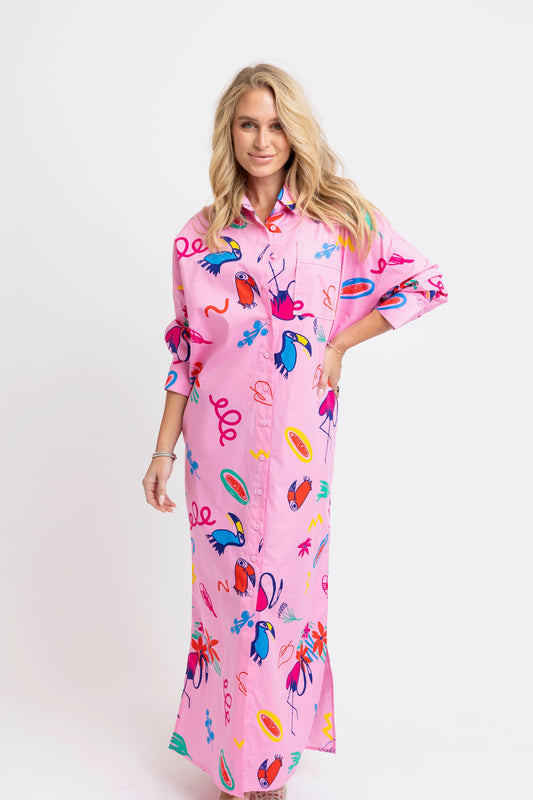 Karlie Maxi Shirt Dress in Pink Toucan