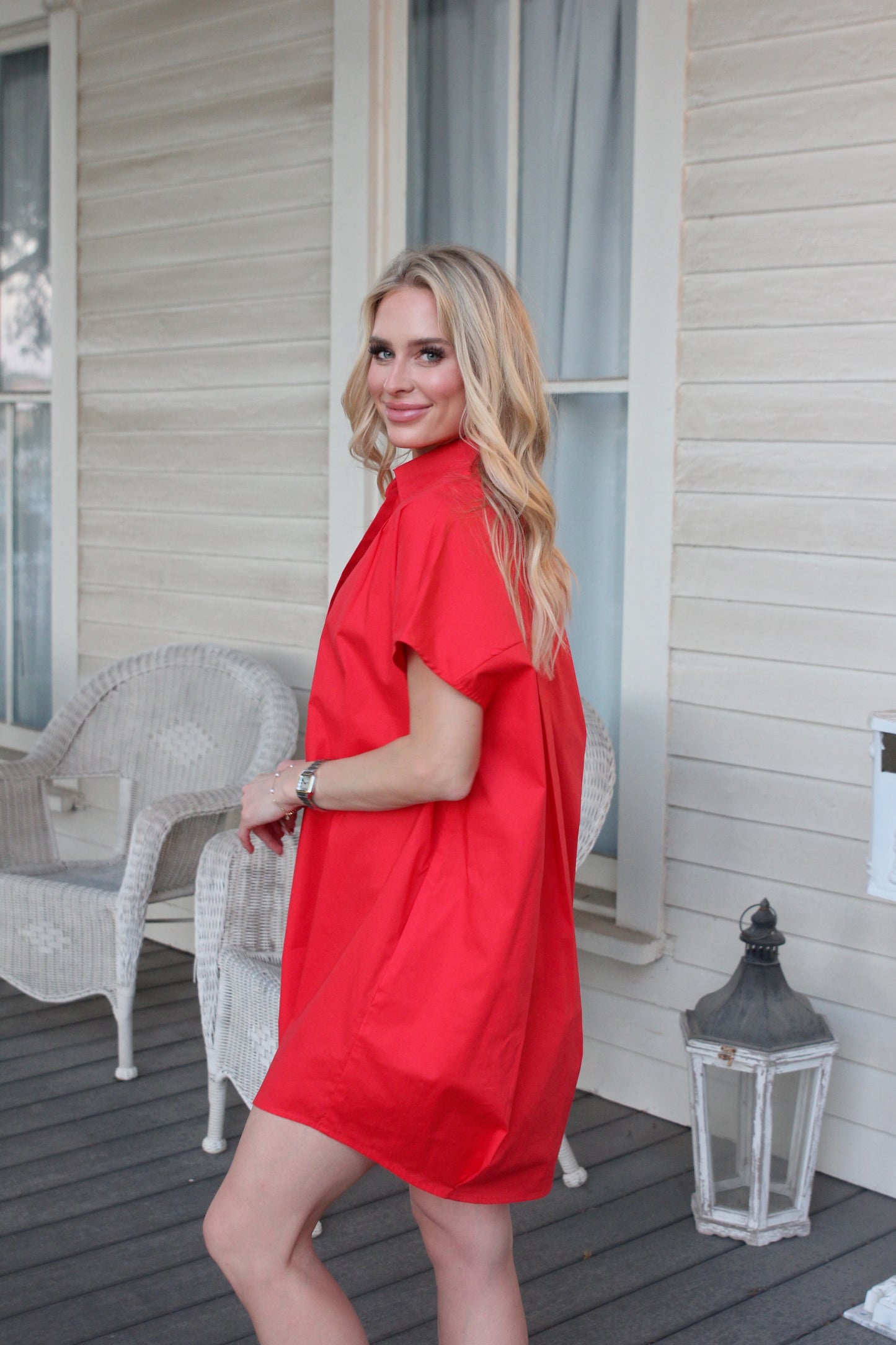 Karlie Signature V-Neck Collared Shirt Dress in Red