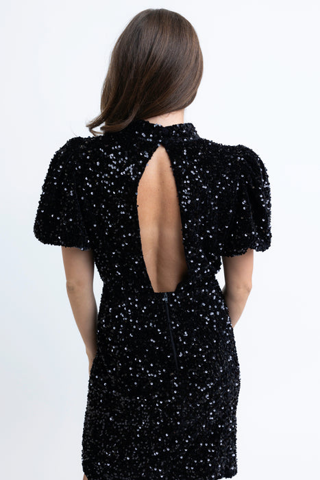 Karlie Puff Sequin Puff Sleeve Dress in Black