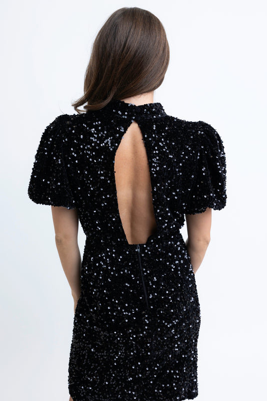 Karlie Puff Sequin Puff Sleeve Dress in Black