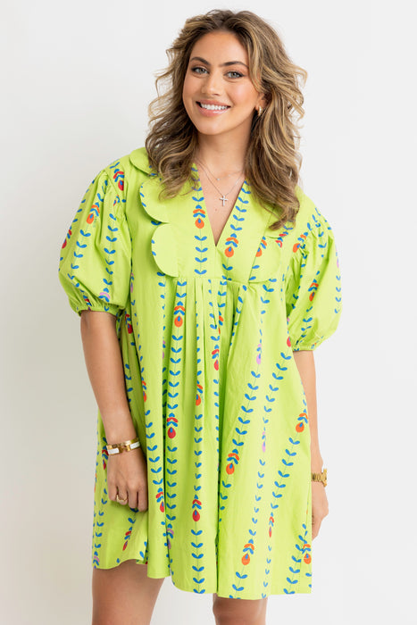 Karlie Scalloped Trim Poplin Dress in Lime Vine