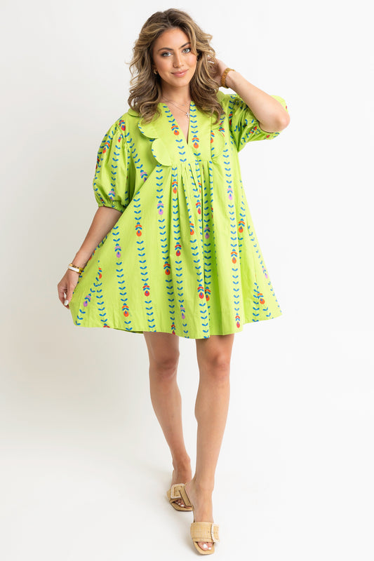 Karlie Scalloped Trim Poplin Dress in Lime Vine