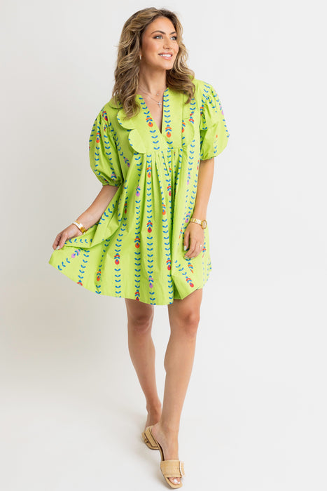 Karlie Scalloped Trim Poplin Dress in Lime Vine