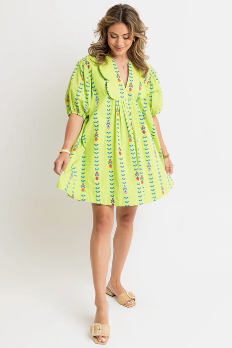 Karlie Scalloped Trim Poplin Dress in Lime Vine