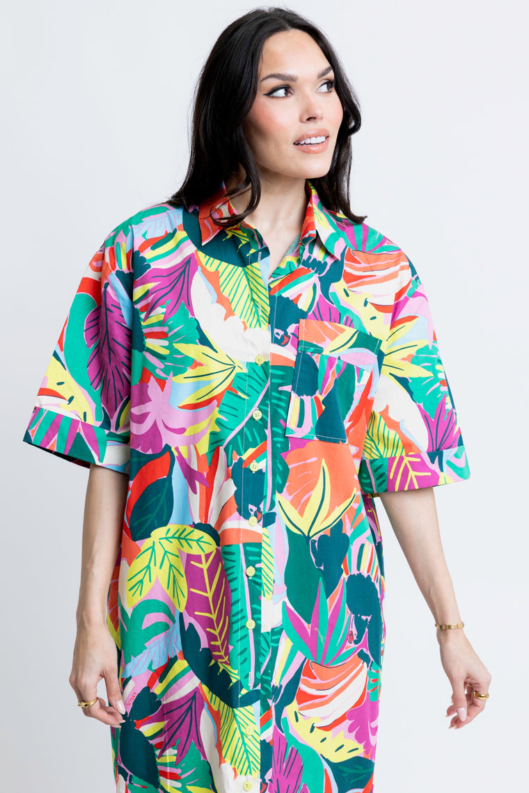 Karlie Midi Shirt Dress in Tropical Leaf Print