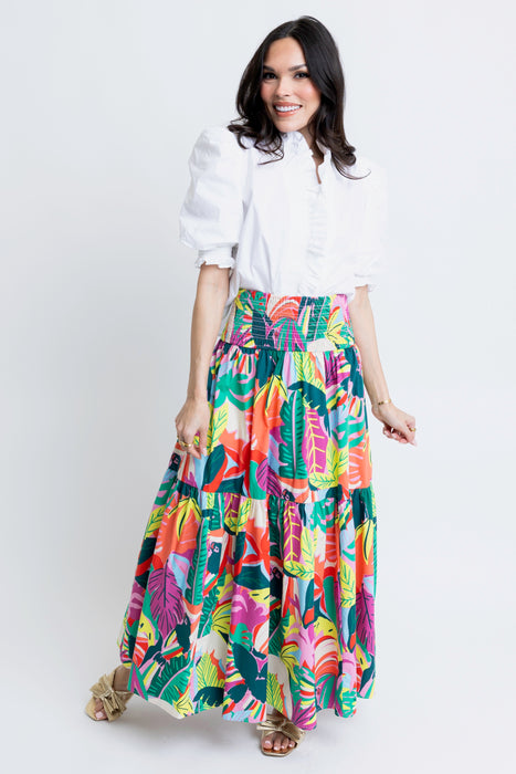 Karlie Poplin Tiered Maxi Skirt in Tropical Palm Print
