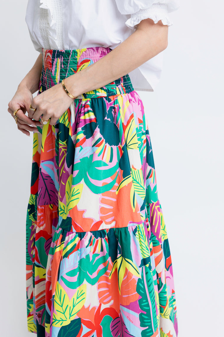 Karlie Poplin Tiered Maxi Skirt in Tropical Palm Print