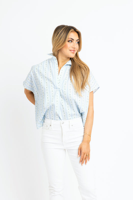 Karlie V-Neck Boxy Top in Floral Vine Stripe