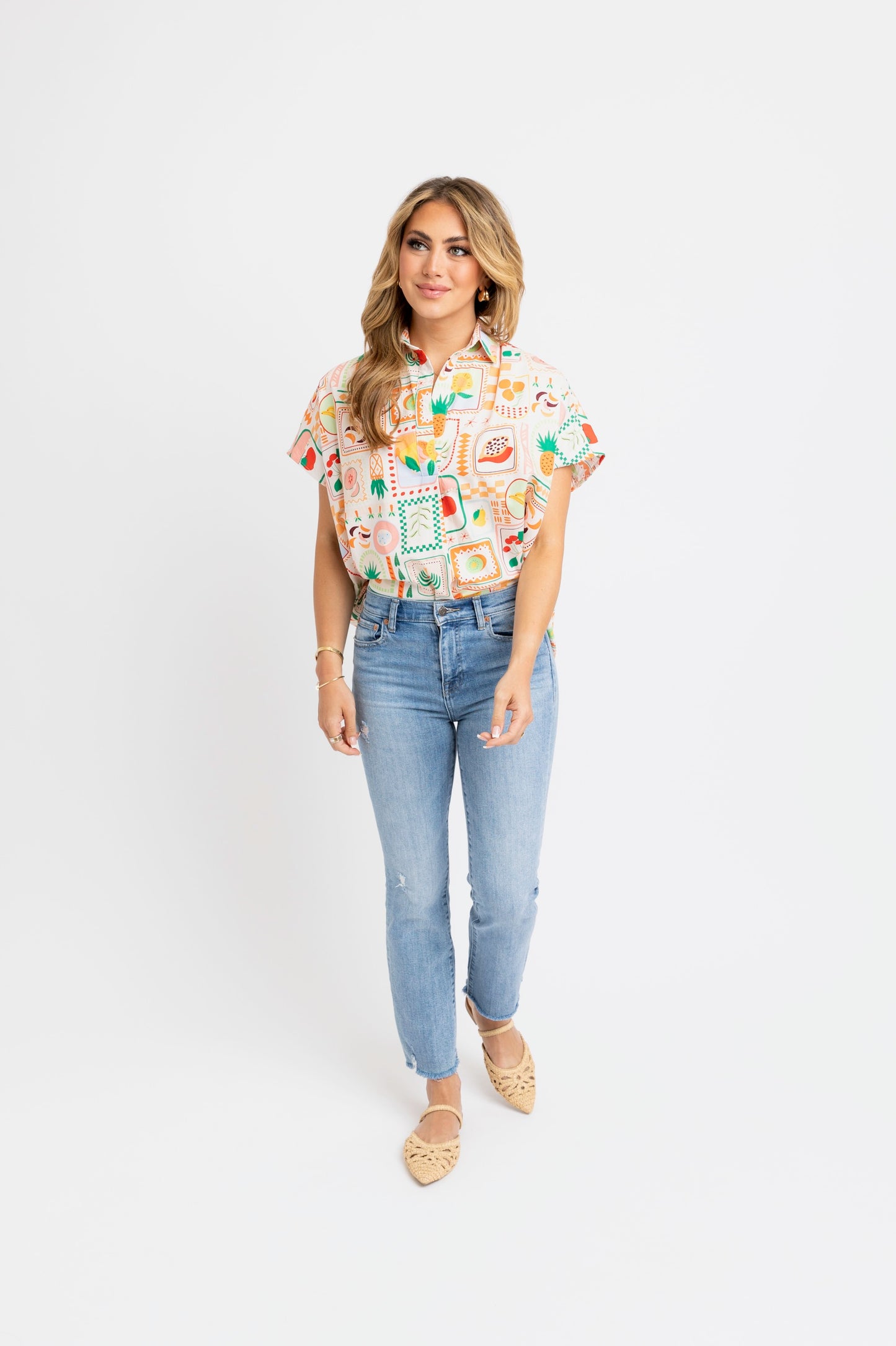 Karlie V-Neck Collared Top in Fruit Basket