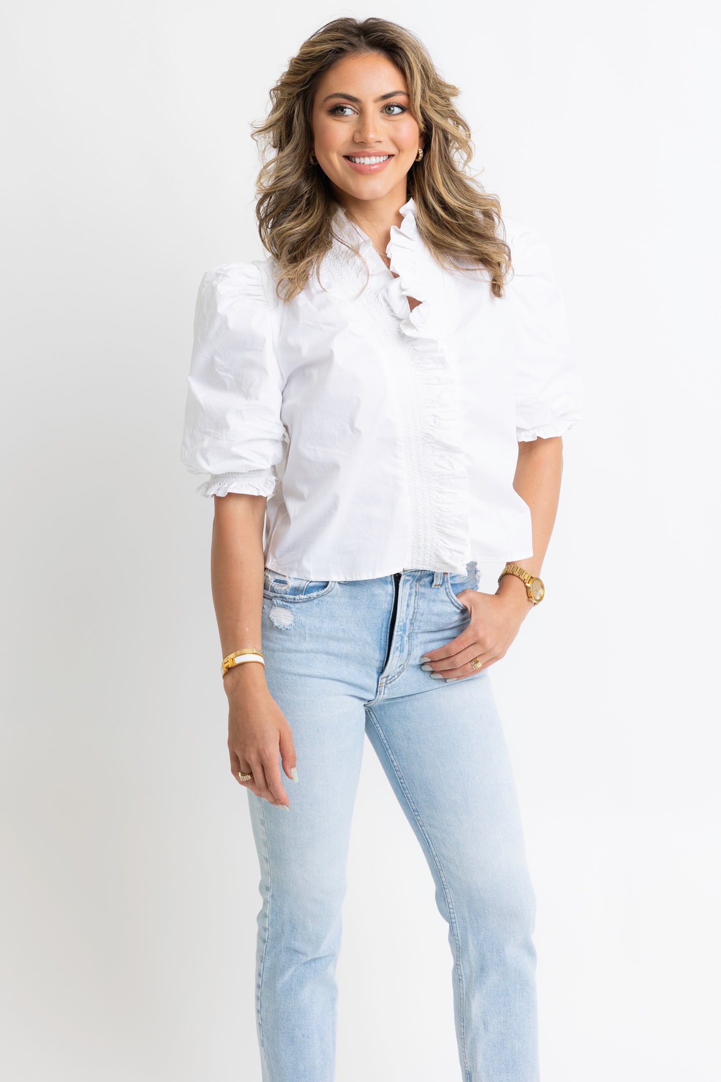 Karlie Crossover Ruffle Neck Top in White
