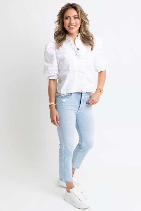 Karlie Poplin Ruffled Collar Blouse in Crisp White