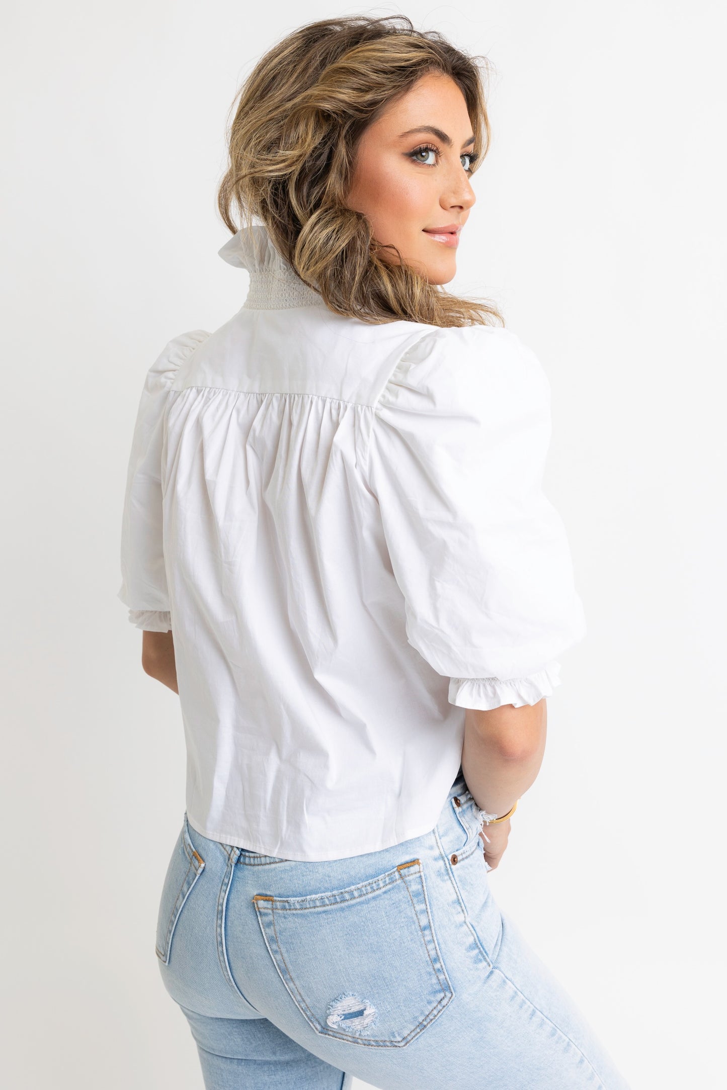 Karlie Crossover Ruffle Neck Top in White