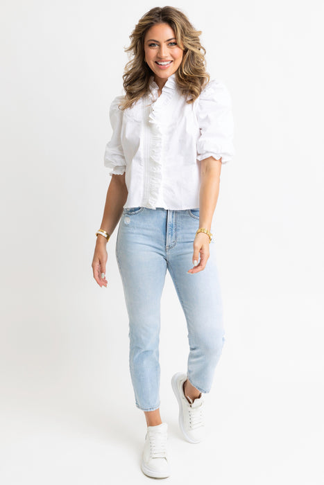 Karlie Poplin Ruffled Collar Blouse in Crisp White