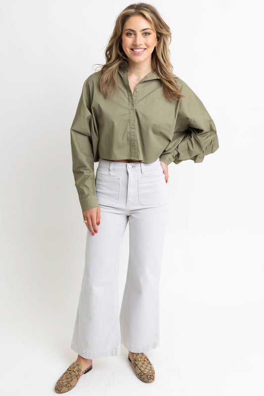 Karlie Poplin Ruffled Back Buttondown in Olive