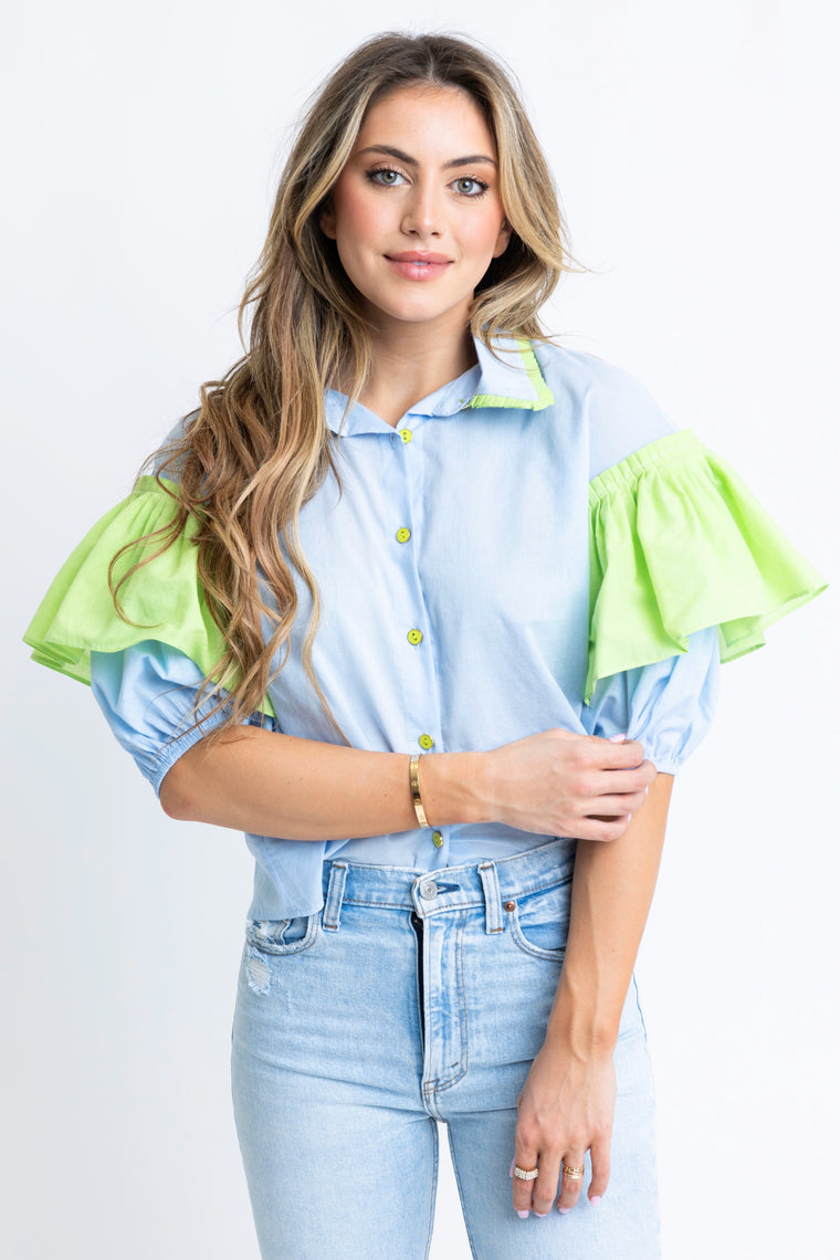 Karlie Buttonfront Ruffled Sleeve Top in Blue/Lime