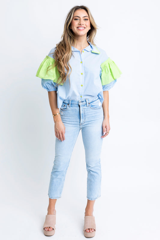 Karlie Buttonfront Ruffled Sleeve Top in Blue/Lime