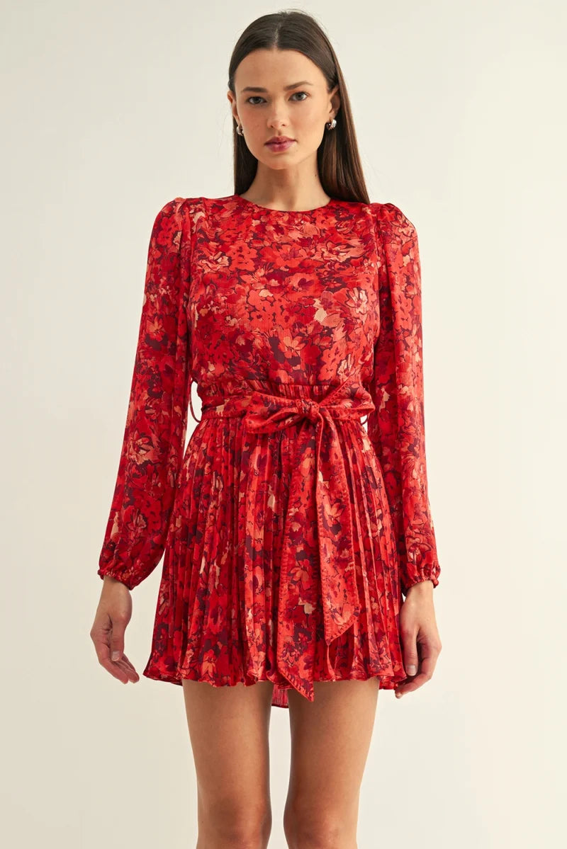 Adelyn Rae Bailey Pleated Long Sleeves Mini Dress in Red