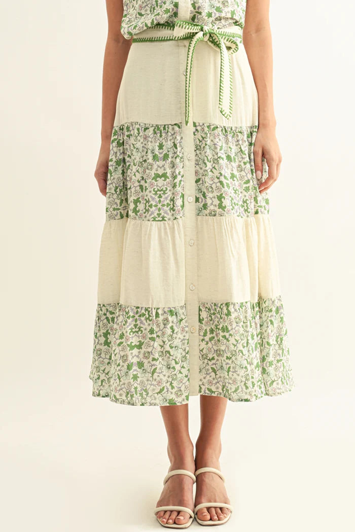 Adelyn Rae Blair Mixed Media Flared Midi Skirt in Green Multi