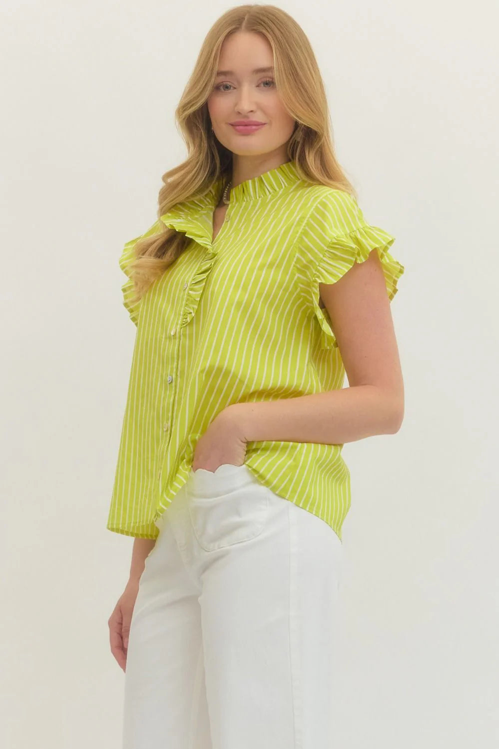 Ruffled Trimmed Striped Top in Lime